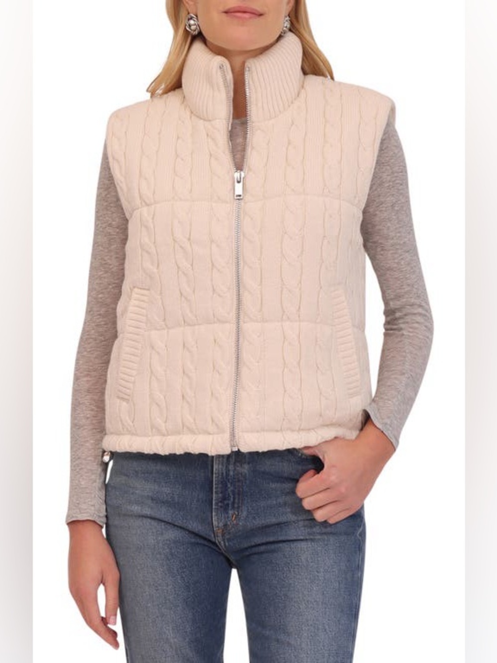 BAGATELLE Cable Stitch Puffer Vest in cream size small